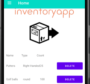 Inventory app mobile interface showing item list with options to delete.